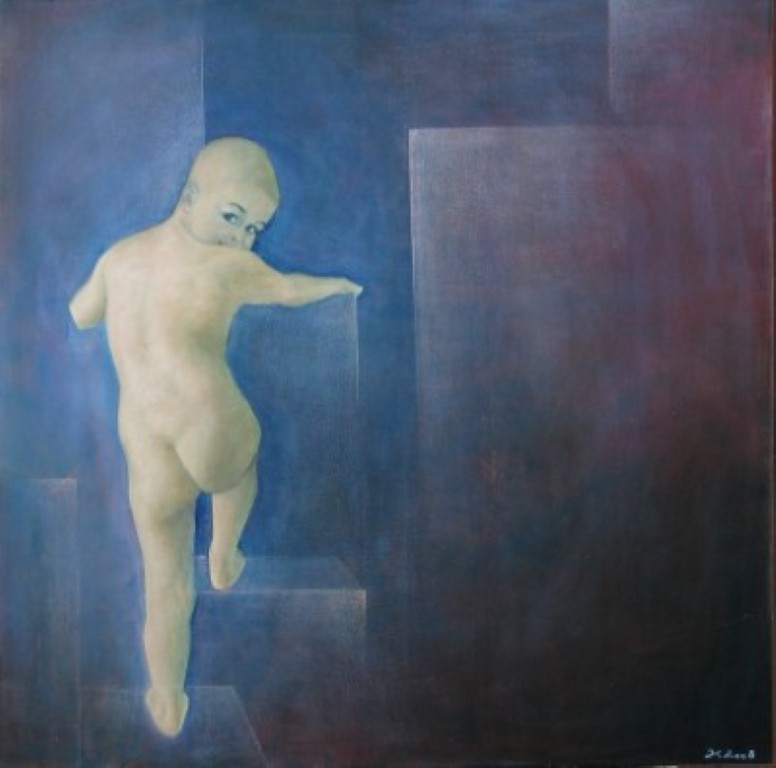 Ölbild eines kleinen Jungen, der blaue Steine erkletter